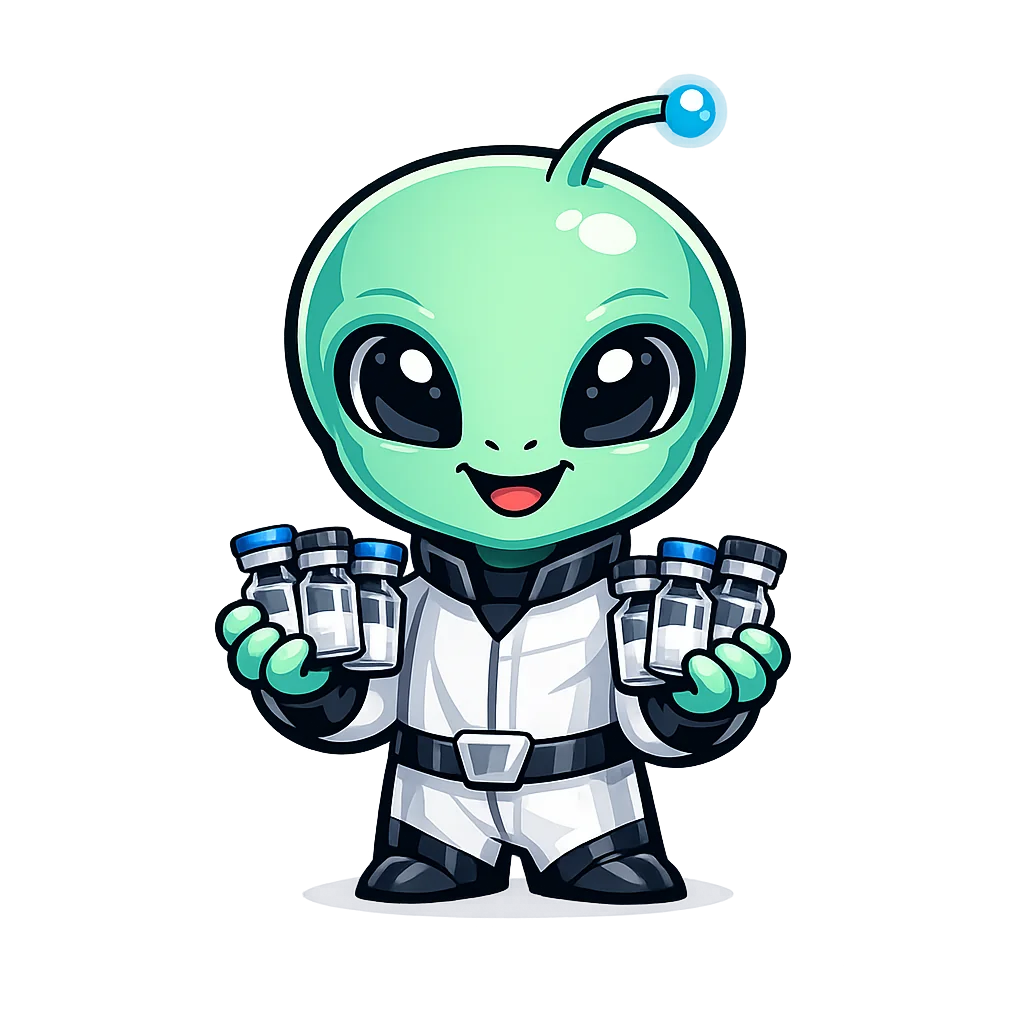 Original Peptides51 alien mascot holding laboratory research vials