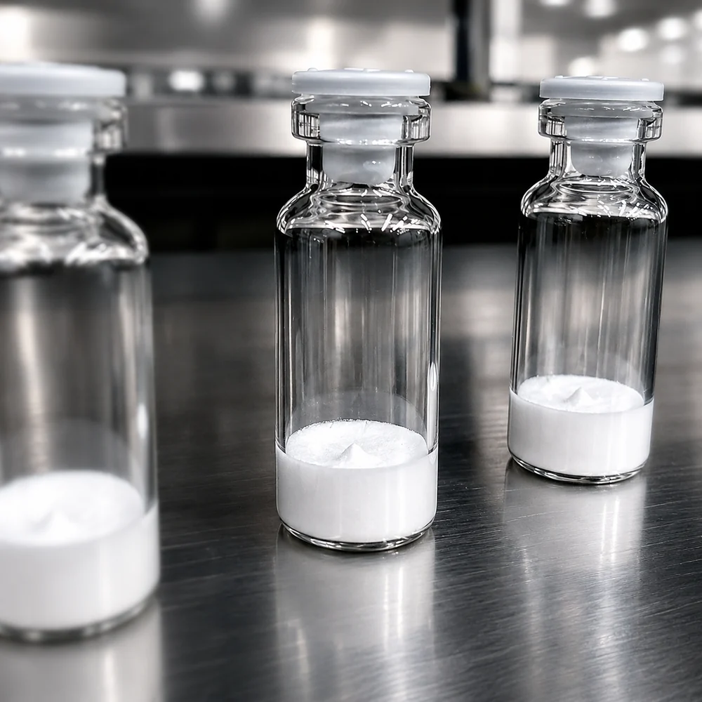 Clear laboratory vials containing white lyophilized research material